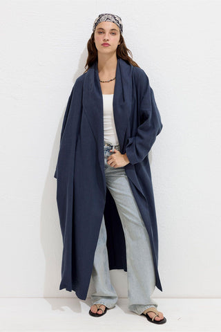 Hooded Linen Trench Coat Navy Blue