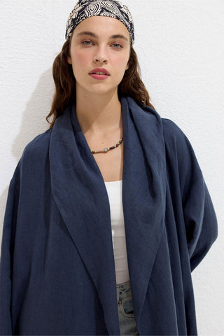 Hooded Linen Trench Coat Navy Blue