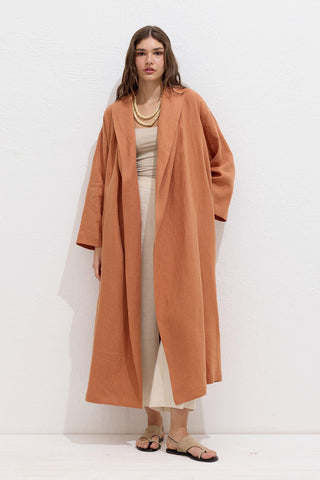 Hooded Linen Trench Coat Orange