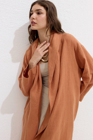 Hooded Linen Trench Coat Orange