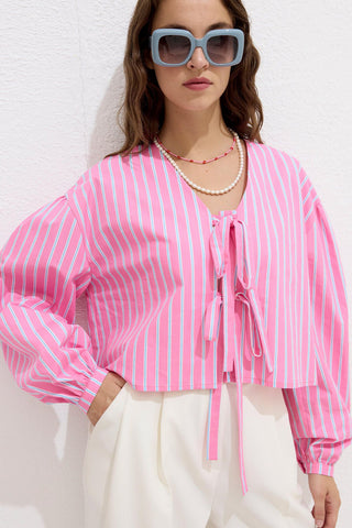 Patterned Tie Front Blouse Pink