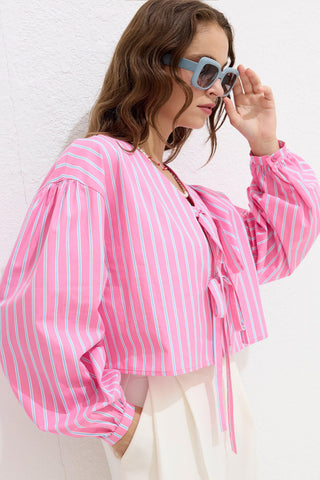 Patterned Tie Front Blouse Pink