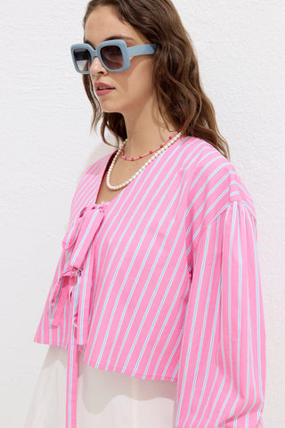 Patterned Tie Front Blouse Pink