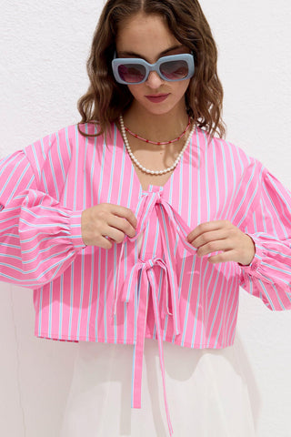 Patterned Tie Front Blouse Pink