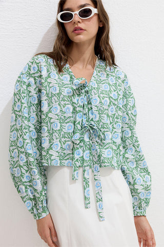 Patterned Tie Front Blouse Flower Print