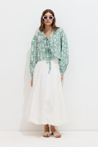 Patterned Tie Front Blouse Flower Print