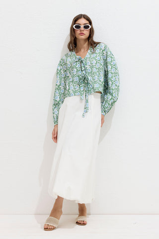 Patterned Tie Front Blouse Flower Print