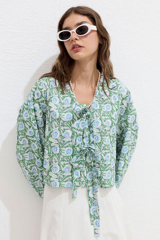 Patterned Tie Front Blouse Green