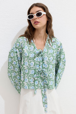 Patterned Tie Front Blouse Flower Print