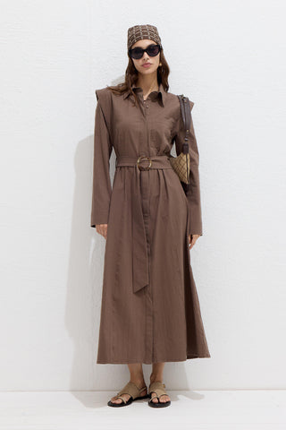 Belted Long Sleeve Dress Brown