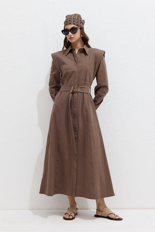 Belted Long Sleeve Dress Brown