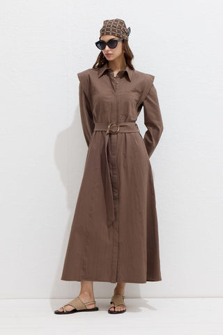 Belted Long Sleeve Dress Brown