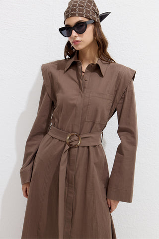 Belted Long Sleeve Dress Brown