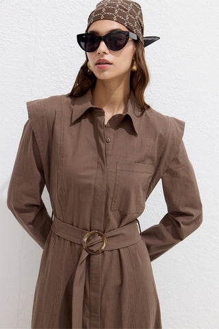 Belted Long Sleeve Dress Brown