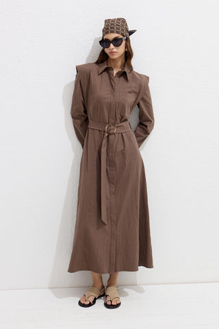 Belted Long Sleeve Dress Brown