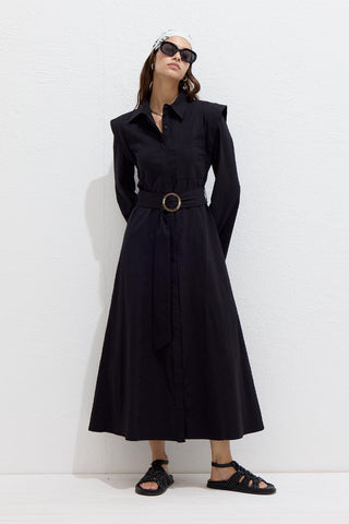 Belted Long Sleeve Dress Black