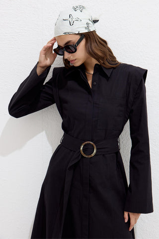 Belted Long Sleeve Dress Black