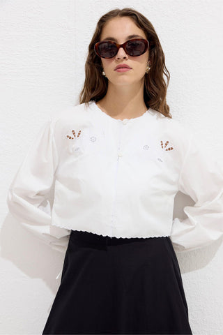 Embroidered Tie Front Blouse Ecru