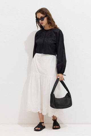 Embroidered Tie Front Blouse Black