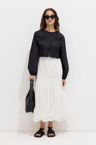 Embroidered Tie Front Blouse Black