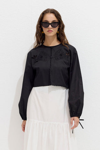 Embroidered Tie Front Blouse Black