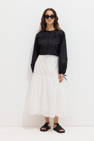 Embroidered Tie Front Blouse Black