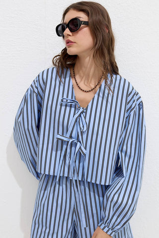 Patterned Tie Front Blouse Blue