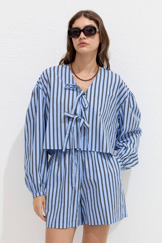 Patterned Tie Front Blouse Blue