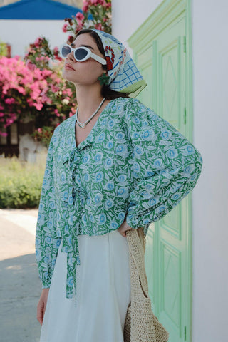 Patterned Tie Front Blouse Green