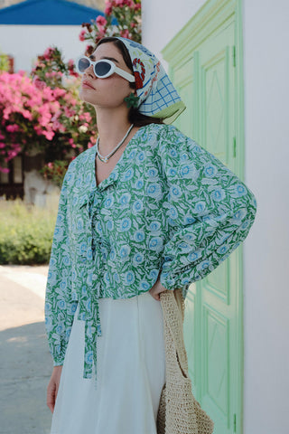 Patterned Tie Front Blouse Flower Print
