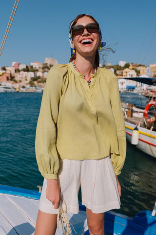 Lightweight Linen Gathered Neck Shirt Lime