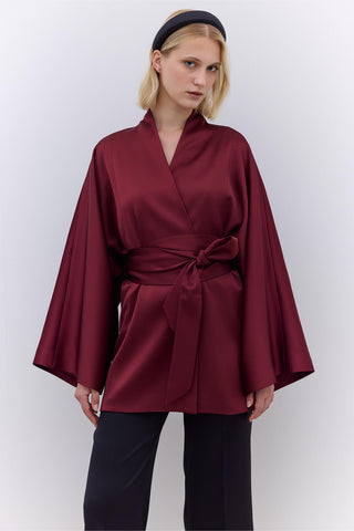 Satin Belted Kimono Burgundy