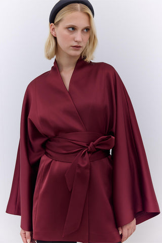 Satin Belted Kimono Burgundy