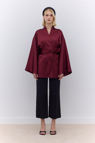 Satin Belted Kimono Burgundy