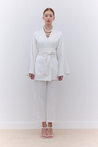 Saten Kuşaklı Kimono Ekru