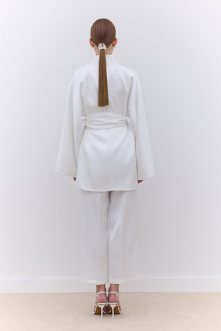 Saten Kuşaklı Kimono Ekru