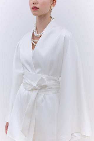 Saten Kuşaklı Kimono Ekru
