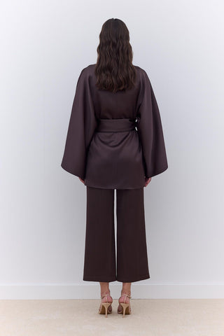 Satin Belted Kimono Brown