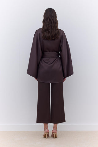 Satin Belted Kimono Brown