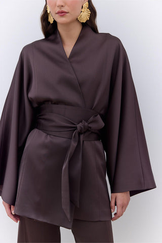 Satin Belted Kimono Brown