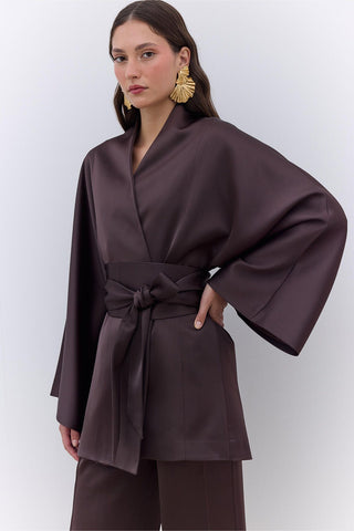 Satin Belted Kimono Brown