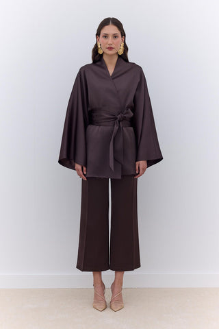 Satin Belted Kimono Brown