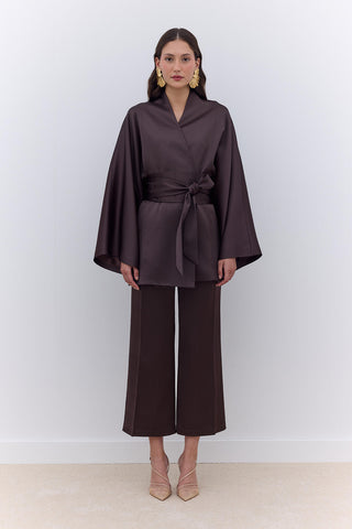 Satin Belted Kimono Brown