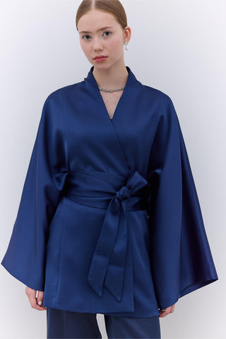 Saten Kuşaklı Kimono Lacivert