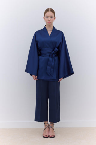 Saten Kuşaklı Kimono Lacivert
