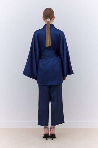 Satin Belted Kimono Navy Blue