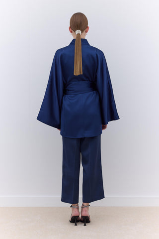 Saten Kuşaklı Kimono Lacivert