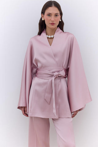 Saten Kuşaklı Kimono Pudra