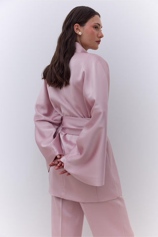 Saten Kuşaklı Kimono Pudra