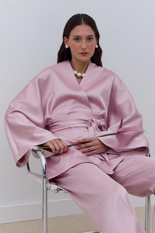 Saten Kuşaklı Kimono Pudra